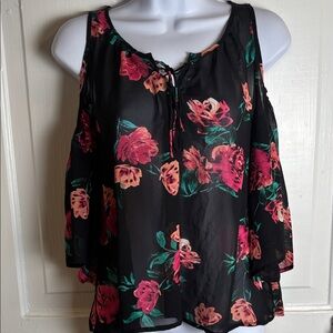 Arizona Jean Co Floral Cold Shoulder Top - Black and Pink Size S